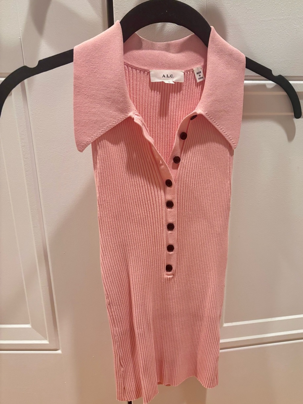 A.L.C. Soft Pink Ribbed Polo Tank with Button Placket